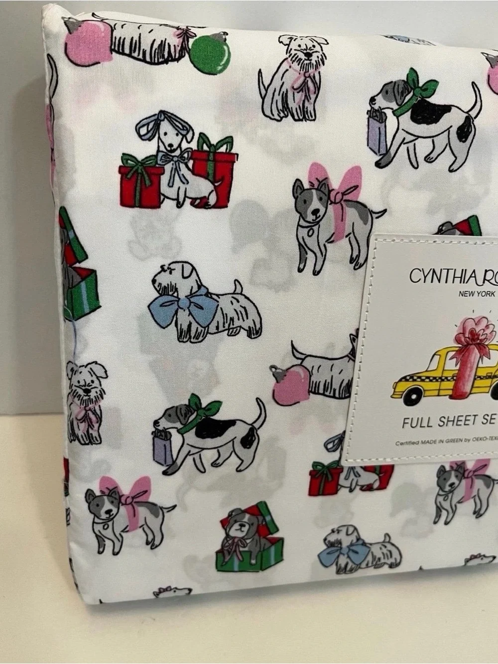 Cynthia Rowley Puppy Cheer Full Size Sheet Set Presents Bows Ornaments Gifts